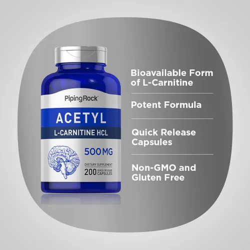 Miniatura 4 de Piping Rock Acetil L-carnitina HCL 500 mg 200 cápsulas en polvo Suplemento sin OMG, sin gluten