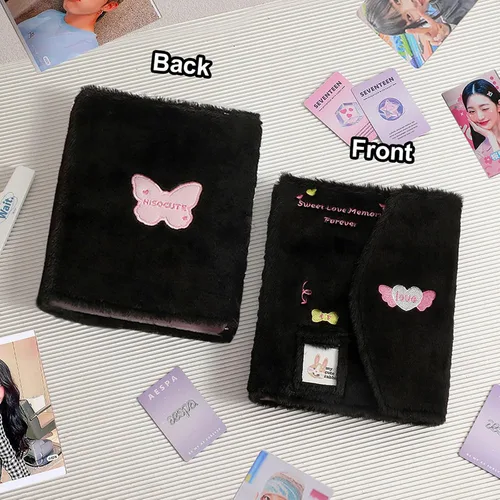 Miniatura 3 de Carpeta A5 Kpop - Álbum de fotos de felpa con 20 fundas interiores de 3 pulgadas para álbum de fotos en hojas sueltas, rellenable, 6 anillos, Negro
