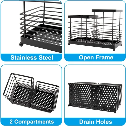 Miniatura 5 de RedCall Soporte para utensilios para encimera, soporte de cocina de acero inoxidable, soporte para espátula de cuchara 2 en 1 para encimera