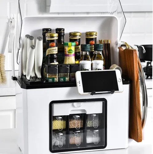 IMPREC Estante de condimentos, cocina con cajón de tapa abatible transparente, tarro de condimentos, botella organizadora de especias, estante de