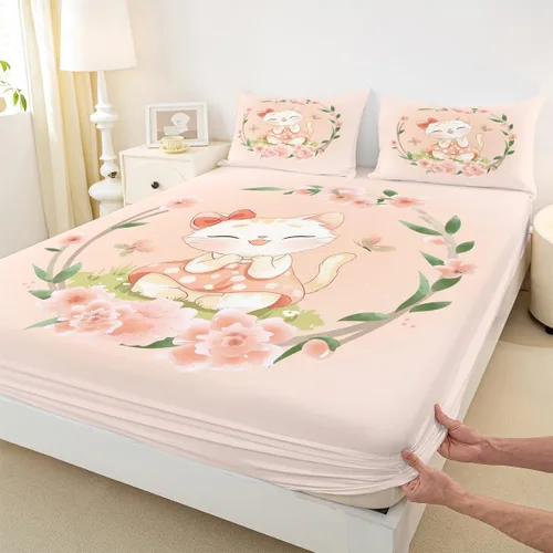 Miniatura 28 de Erosebridal Juego de sábanas de tamaño individual con diseño de gatos y gatos, con temática de animales, con flores coloridas, juego de sábanas