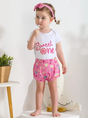 Miniatura 5 de ESHOO Conjunto de mameluco para bebé niña con estampado de caramelo, pantalones acampanados, diadema