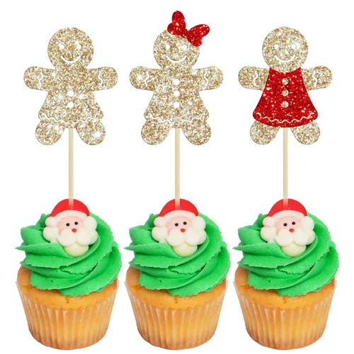 Miniatura 19 de Gyufise 24 piezas Adornos para cupcakes de jengibre de Navidad con purpurina, adornos para cupcakes de jengibre para revelar el género, púas
