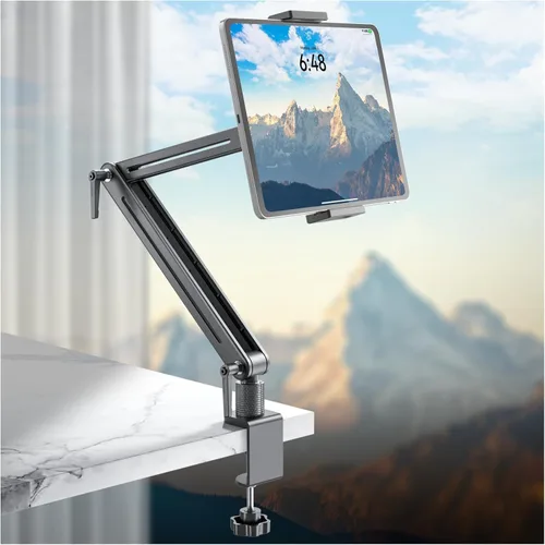 Miniatura 8 de Jakeko Soporte Ajustable para Tablet en Escritorio - Base Giratoria de 360 Grados, Soporte de Brazo Alto, Montura Giratoria y Abrazadera Flexible