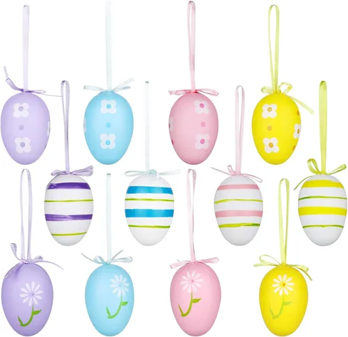 Yunfan 12 piezas de decoración de Pascua, huevos colgantes, adornos coloridos para decoración de cesta de árbol de Pascua, suministros de fiesta,