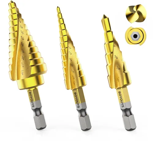 Miniatura 8 de M35 - Juego de brocas de cuatro pasos de flauta en espiral, 1/8"-7/8" (3 unidades), vástago hexagonal de 1/4 de pulgada, broca escalonada de cobalto