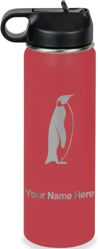 Miniatura 9 de LaserGram Botella de agua personalizada, pingüino, acero inoxidable de doble pared aislada al vacío con popote superior, regalo grabado