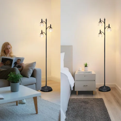 Miniatura 7 de JUNNAI Lámpara de pie negra para sala de estar, lámpara de pie alta, regulable, con 3 luces giratorias, pantalla de cristal, lámpara de esquina Negro