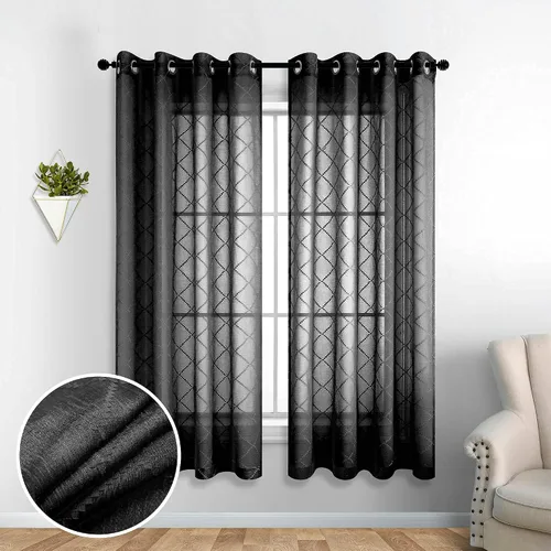 Miniatura 2 de KOUFALL Cortinas negras de 63 pulgadas de largo para dormitorio, juego de 2 paneles transparentes con ojales para ventana, cortinas geométricas