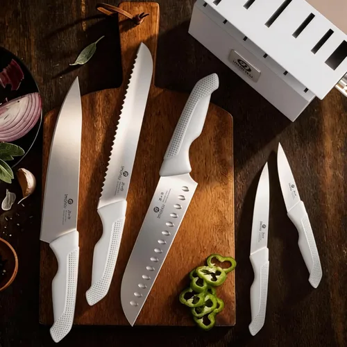 Miniatura 4 de imarku Juego de cuchillos de cocina de 14 piezas, juego de cuchillos Gyutou grises con bloque y afilador integrado, cuchillos para carne ultra