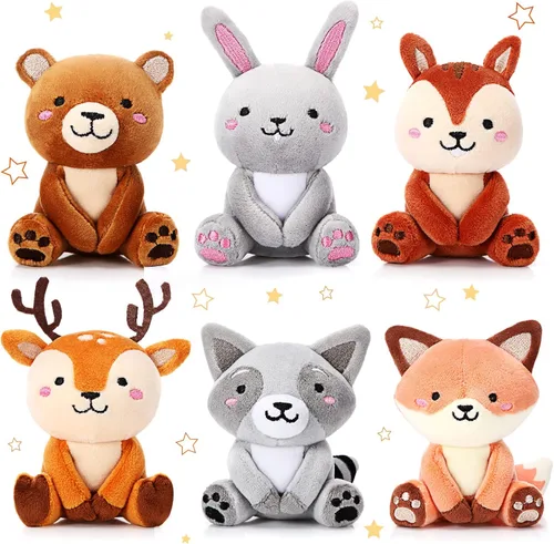 Aoriher 6 piezas de mini animales del bosque, regalo de 4 pulgadas, lindo oso, conejo, ardilla, mapache, llavero de peluche para ducha, fiesta de