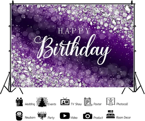 Miniatura 5 de Cartel de feliz cumpleaños morado para mujer, decoración de fondo de 5.9 x 3.6 pies con diamantes plateados brillantes, pancarta de feliz