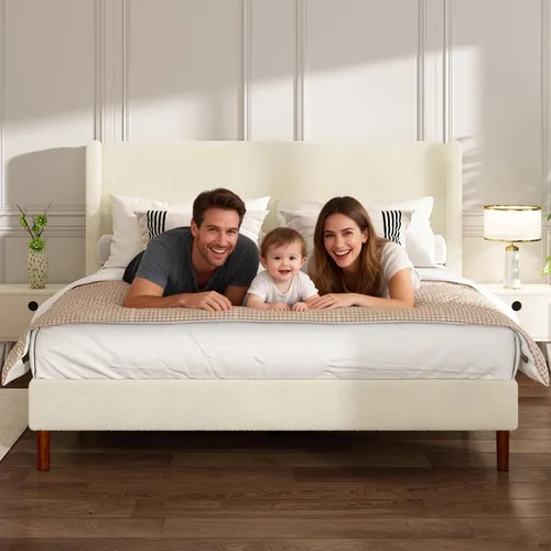 Miniatura 7 de Marco de cama Full Boucle, cama de plataforma con cabecera tapizada con respaldo de ala, fuerte soporte de listones de madera, sin ruido, no Beige