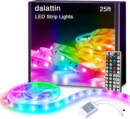 Dalattin - Tira de luces LED para dormitorio de 25 pies, kit de tiras de luces LED RGB 5050 con cambio de color, control remoto de 44 teclas y