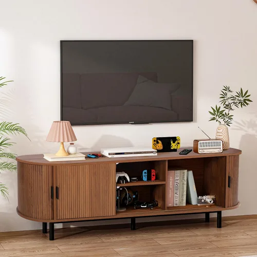 Miniatura 5 de FurSch Soporte de TV con puerta de tambor de 62 pulgadas, mueble de TV moderno de madera de mediados de siglo para TV de hasta 75 pulgadas, soporte
