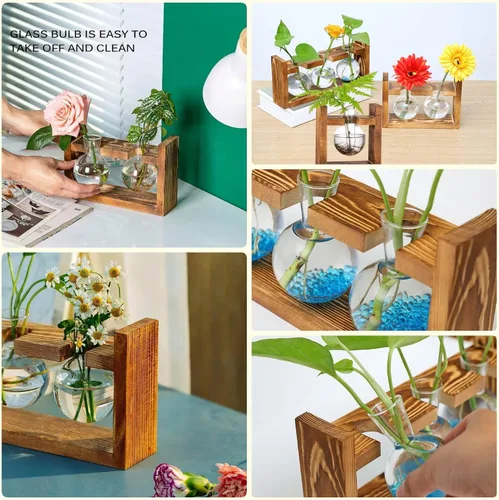 Miniatura 3 de Kingbuy Estación de propagación de terrarios de plantas de vidrio, jarrones de colores de 3 bombillas con soporte de madera retro, maceta de jardín