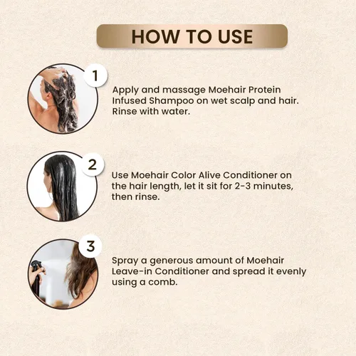 Miniatura 5 de MOEHAIR Juego de trío de viaje: champú con infusión de proteínas, acondicionador Color Alive y acondicionador sin enjuague, fortalecimiento e