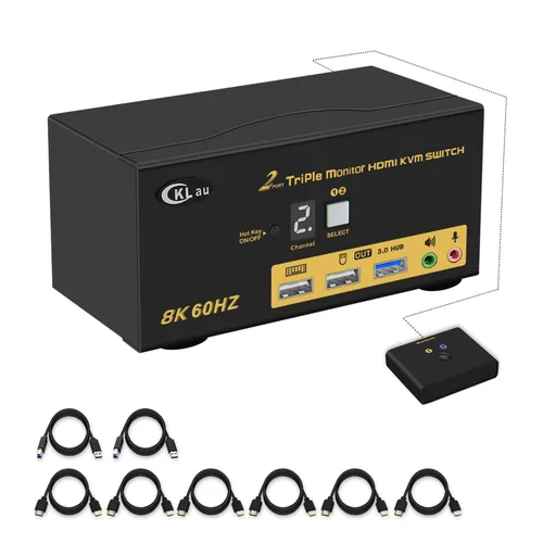 Conmutador HDMI KVM de 2 puertos Triple Monitor 8K@60Hz, 4K @144Hz para 3 Monitores 2 Computadoras Compartir Teclado y Ratón Soporte Emulación EDID,