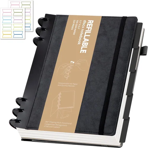 Miniatura 21 de Yoment - Cuaderno de diario de cuero para trabajo, recargable, 224 páginas, 100 GSM, papel grueso, cuaderno de 5 materias con separadores y pestañas