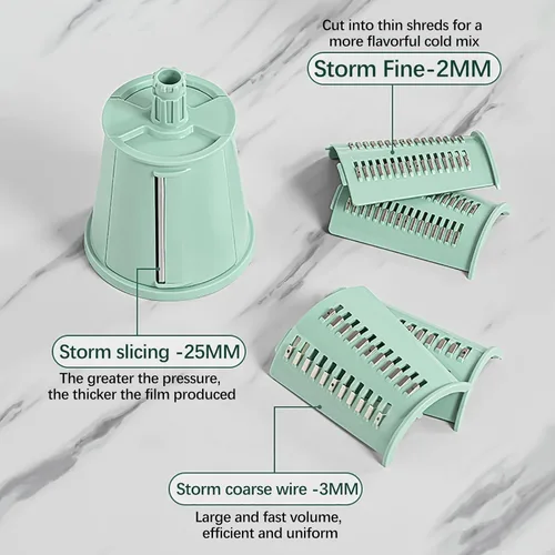 Miniatura 7 de Rallador de queso giratorio 5 en 1 para cocina, trituradora de zanahorias, trituradoras de alimentos con 5 juegos de cuchillas intercambiables