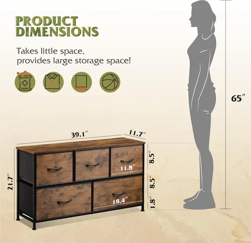 Miniatura 3 de WLIVE - Cómoda para dormitorio con 5 cajones, cómoda de cajones anchos, cómoda de tela, unidad organizadora de almacenamiento con contenedores