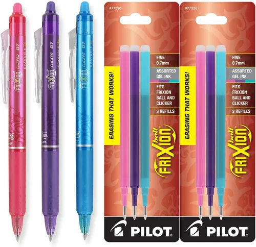 Pilot FriXion. Plumas retráctiles surtidas de gel borrable, 0,7 milímetros, punta fina, tinta de moda, paquete de 3 unidades con dos paquetes de