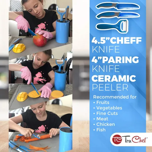Miniatura 4 de TruChef Juego de cuchillos para niños de 5 piezas Cuchillos de cocina de acero inoxidable real con pelador, hoja dentada y soporte de Juego
