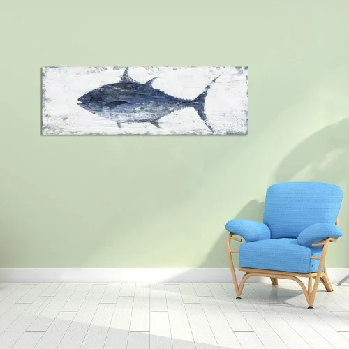 Miniatura 6 de Yihui Arts Lienzo de pared pintado a mano, pintura abstracta de atún, obra de arte moderna, imágenes costeras en color azul y blanco para decoración