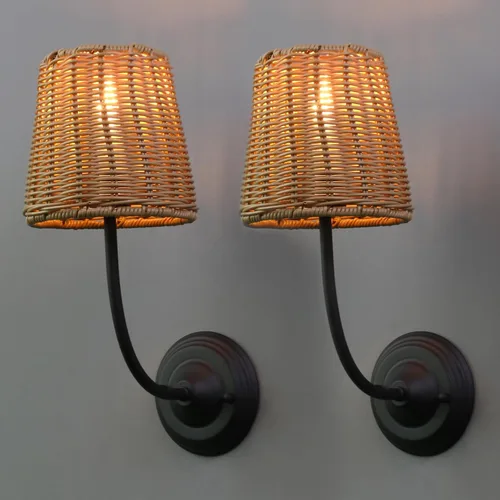Miniatura 10 de Yosoan Juego de 2 lámparas de pared de ratán estilo bohemio envueltas, lámparas de estilo granja vintage con cableado fijo dorado, trenzado de latón