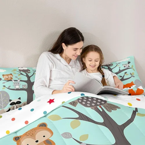 Miniatura 6 de Juego de ropa de cama de animales lindos para niños y niñas, guardería, caricaturas, mapache, búho, zorro, juego de edredón para todas
