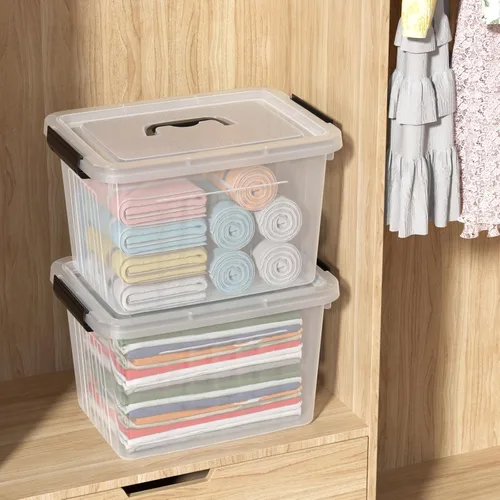 Miniatura 5 de Caja de plástico de 20 litros, cajas transparentes con tapa con asas negras, juego de 4