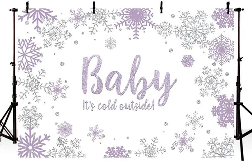 Miniatura 2 de MEHOFOND Fondo de fotos de baby shower de invierno para niña, accesorios de fondo de copos de nieve morados y plateados, decoración de fiesta