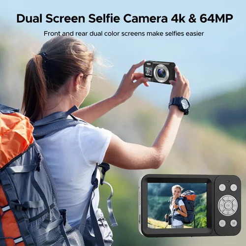 Miniatura 2 de Cámara digital, cámara de doble pantalla 4K 64MP UHD, zoom digital 18X, cámara portátil de apuntar y disparar con tarjeta TF de 32 GB y batería