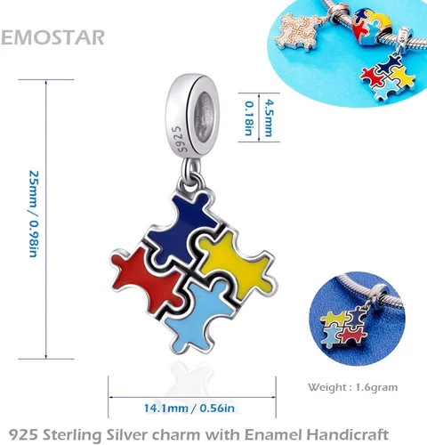 Miniatura 17 de Abalorio de concientización sobre el autismo para pulsera europea de bricolaje, plata de ley 925, dijes esmaltados, dijes Live Love Laugh Charms, I