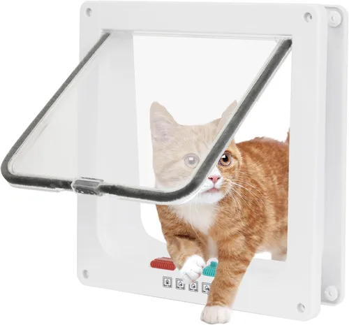 Puerta para gatos para puertas interiores y exteriores con sistema de bloqueo de 4 vías, puerta para mascotas para gatos y perros pequeños, solapa