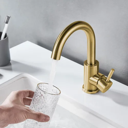 Miniatura 2 de Grifo de Fregadero de Barra Húmeda de Un Solo Agujero Dorado Cepillado, Grifo de Fregadero de Baño Moderno de Una Sola Manija, Grifo de Preparación