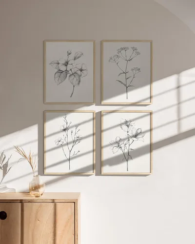 Miniatura 5 de HAUS AND HUES Arte de pared floral gris, juego de 4 pósteres de plantas para pared vintage, impresiones botánicas, cuadros de flores en blanco