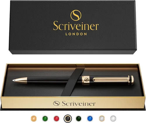 Bolígrafo laqueado en negro Scriveiner - Impresionante pluma de lujo, chapado en oro real, repuesto Schmidt de tinta negra, el mejor juego de regalo