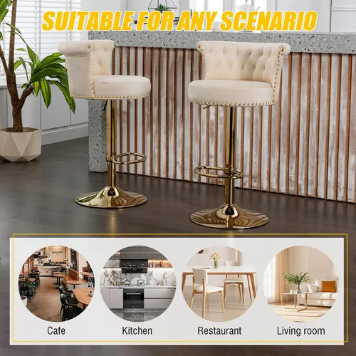 Miniatura 7 de Juego de 2 taburetes de bar giratorios de terciopelo de 360°, butacas ajustables para barra de cocina con respaldo de clavos, base dorada