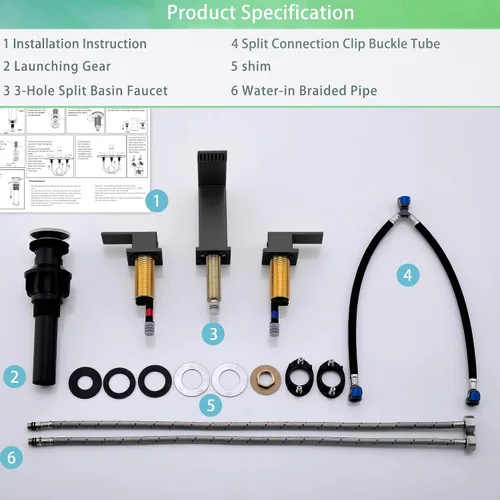 Miniatura 5 de Grifo de baño de cascada negra de 3 agujeros, grifo de baño negro mate de 8 pulgadas con drenaje desplegable y 2 líneas de suministro de agua, grifo
