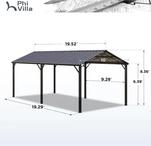 Miniatura 6 de PHI VILLA Cochera metálica independiente de 10 x 20 pies con techo de acero galvanizado, cochera metálica resistente de alta resistencia para autos