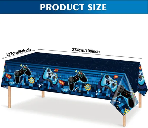 Miniatura 2 de Mantel rectangular de videojuegos, 3 piezas de plástico PE azul desechable, 54 x 108 pulgadas, para decoración de fiesta de cumpleaños de niños