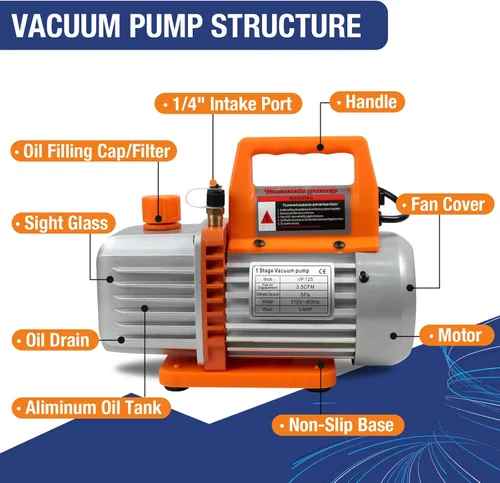 Miniatura 3 de BACOENG 3.5 CFM Bomba aspiradora, 110V 1/3 HP Bomba aspiradora giratoria de paletas de una etapa para HVAC con aceite, para recarga de refrigerante