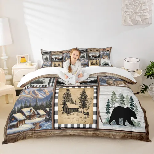 Miniatura 21 de Juego de funda de edredón para niños de ciervo, oso, lobo, tamaño individual, juego de ropa de cama de cabaña de aventura para niños, niñas