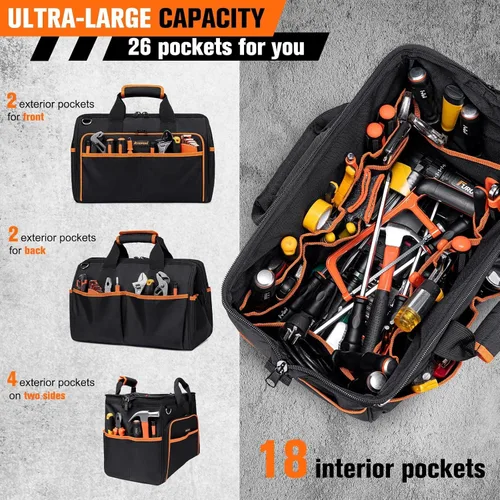 Miniatura 3 de Bolsa de Herramientas Resistente de 17.3 Pulgadas, Bolsas de Herramientas Grandes de 26 Bolsillos para Hombres y Mujeres con Correa de Hombro