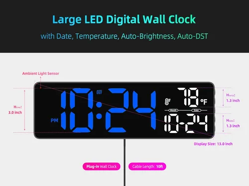 Miniatura 3 de Reloj de pared LED digital grande con fecha, temperatura, brillo automático, DST automático Gran reloj digital para dormitorio, escritorio, aula