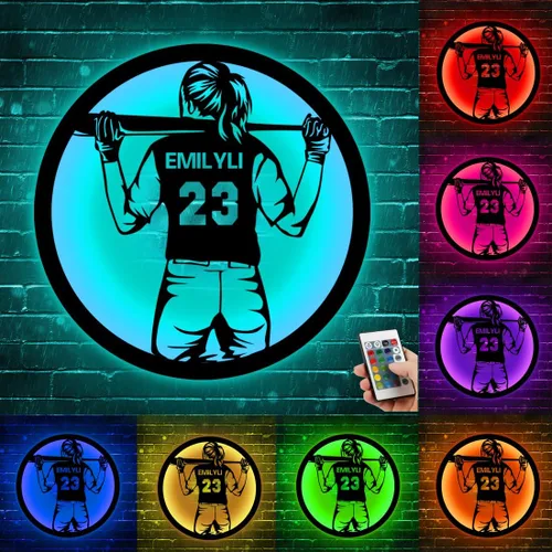 Miniatura 25 de Arte de Pared de Metal Personalizado de Béisbol con Bandera de EE.UU. con Luz LED, Letrero Personalizado con Nombre de Jugador de Sóftbol Americano