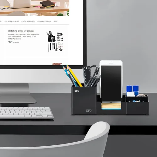 Miniatura 2 de deli Organizador de escritorio, organizador de escritorio de plástico con soporte para lápices y bandeja de notas adhesivas, suministros