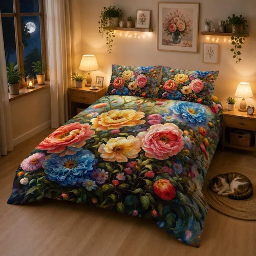 Miniatura 20 de Juego de edredón floral colorido de 3 piezas, juego de ropa de cama botánica bohemia tamaño queen, diseño boho de granja con flores y hojas impresas
