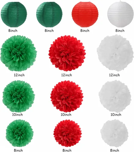 Miniatura 3 de Decoraciones de Fiesta de Navidad Rojo Verde-Blanco - 20 piezas Farolillos de Papel Mexicanos Italianos Abanicos, Pompones de Papel de Seda, Bolas